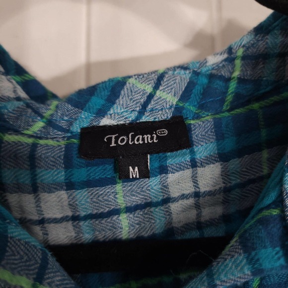 Tolani Womens Flannel Blue Green Plaid Slubbed Cotton Pleated Back Blouse Top M - Picture 7 of 11